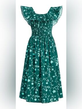 Hill House The Ellie Nap Dress Botanical Green Floral Off Shoulder Midi Dress